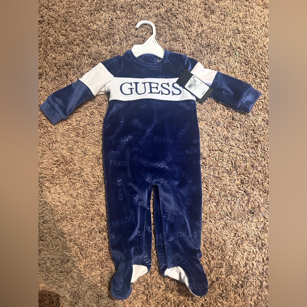 GUESS Blue and White Chenille Overall One Piece Outfit NWT 3/6 Month